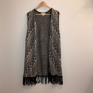 Aztec Fringe Sleeveless Drape Open Front Cardigan